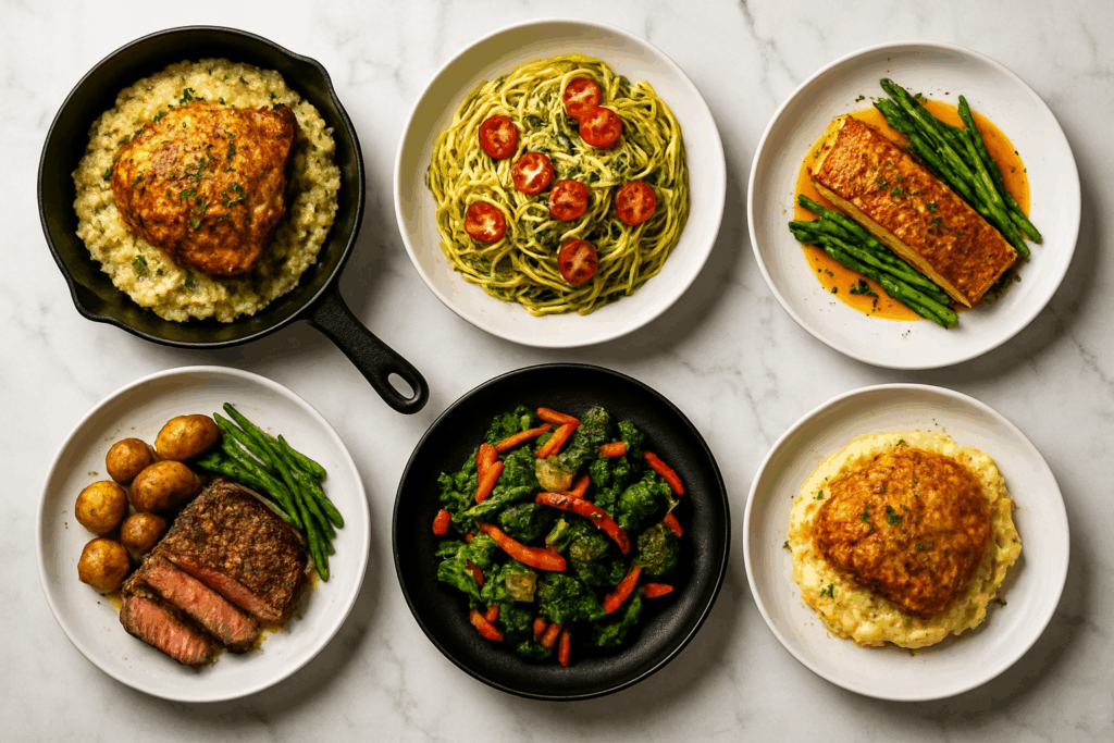 Six Ai generated dishes aligned on marble countertop