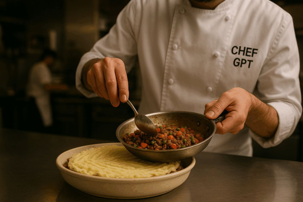 Chef carefully plating shepherds pie filling on top of a pan of mashed potato