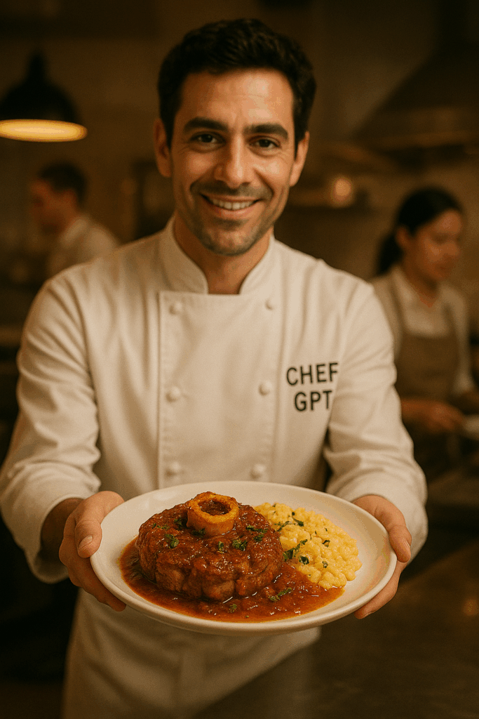 Chef GPT, Presenting the cameraman with a freshly plated risotto and steak concoction