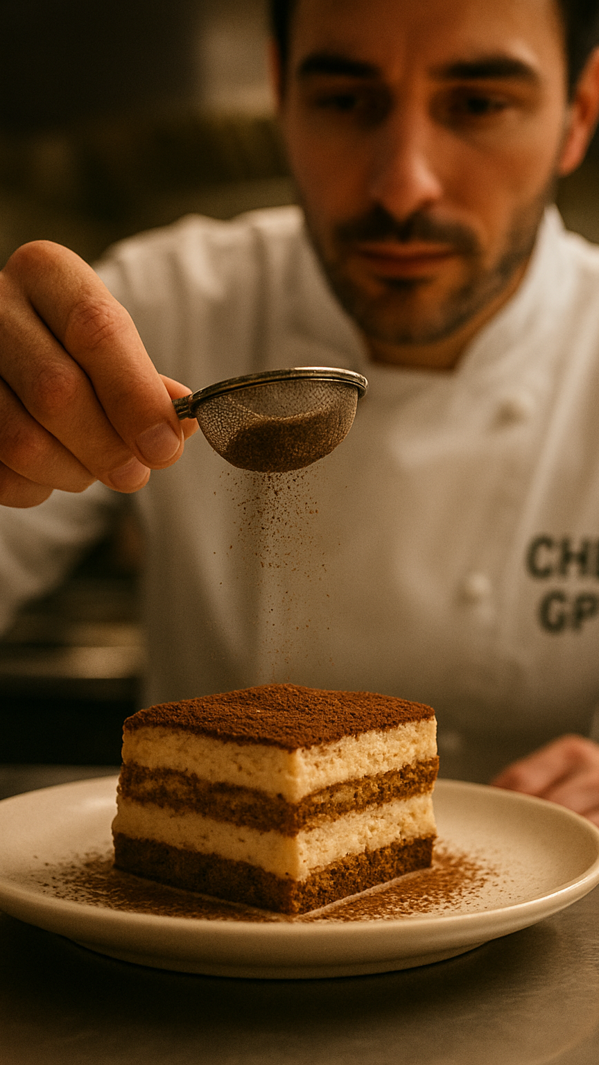 chef garnishing chocolate atop a tiramisu